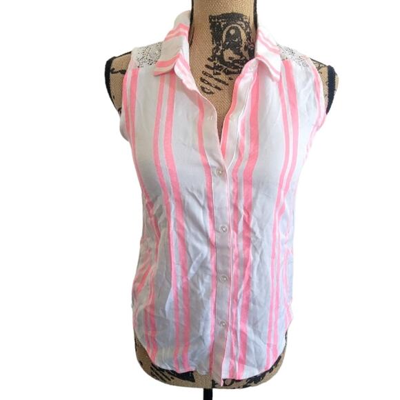 Large Epic Threads hot pink and white striped sleeveless top lace shoulders New - Picture 1 of 5